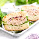 tuna salad on a focaccia sandwich with lettuce