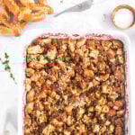 pretzel stuffing in a casserole dish