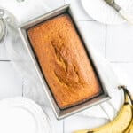 a loaf of simple banana bread in a baking pan