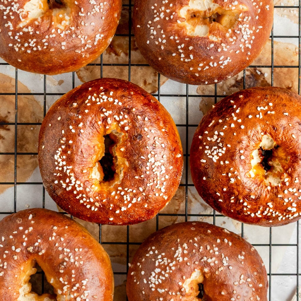 pretzel bagels on a wire cooling rack