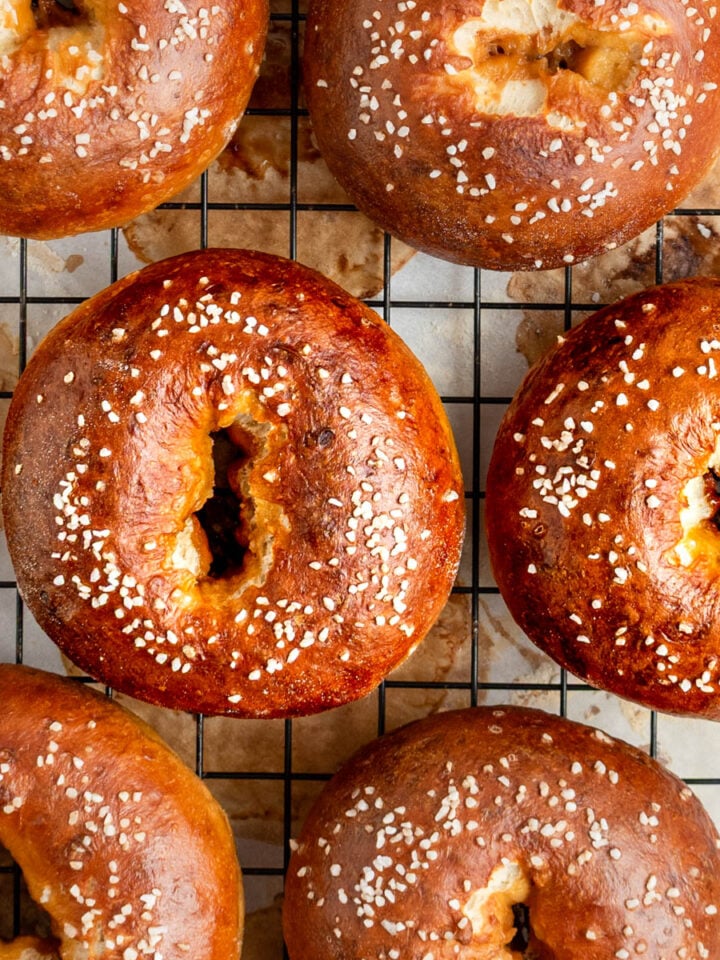 pretzel bagels on a wire cooling rack