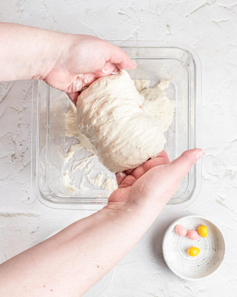 Two hands lift ciabatta bread dough straight up inside a clear container.