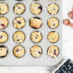 an overhead shot of mini muffins on a cooling rack. one has been split open revealing a blueberry center.