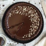 an overhead shot of the decorated thin mint chocolate tart.