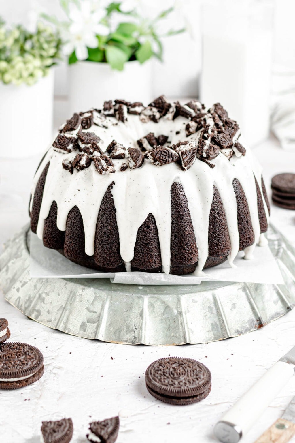 Moist Chocolate Oreo Bundt Cake with Vanilla Cream Icing (Black Cocoa