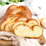 slices of challah bread leaning on each other.
