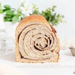 a cross section of a loaf of cinnamon swirl bread.