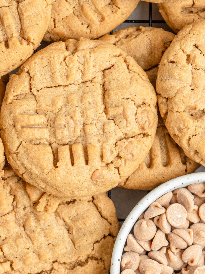 close up of peanut butter cookies with a small bowl of peanut butter chips in the bottom right corner.