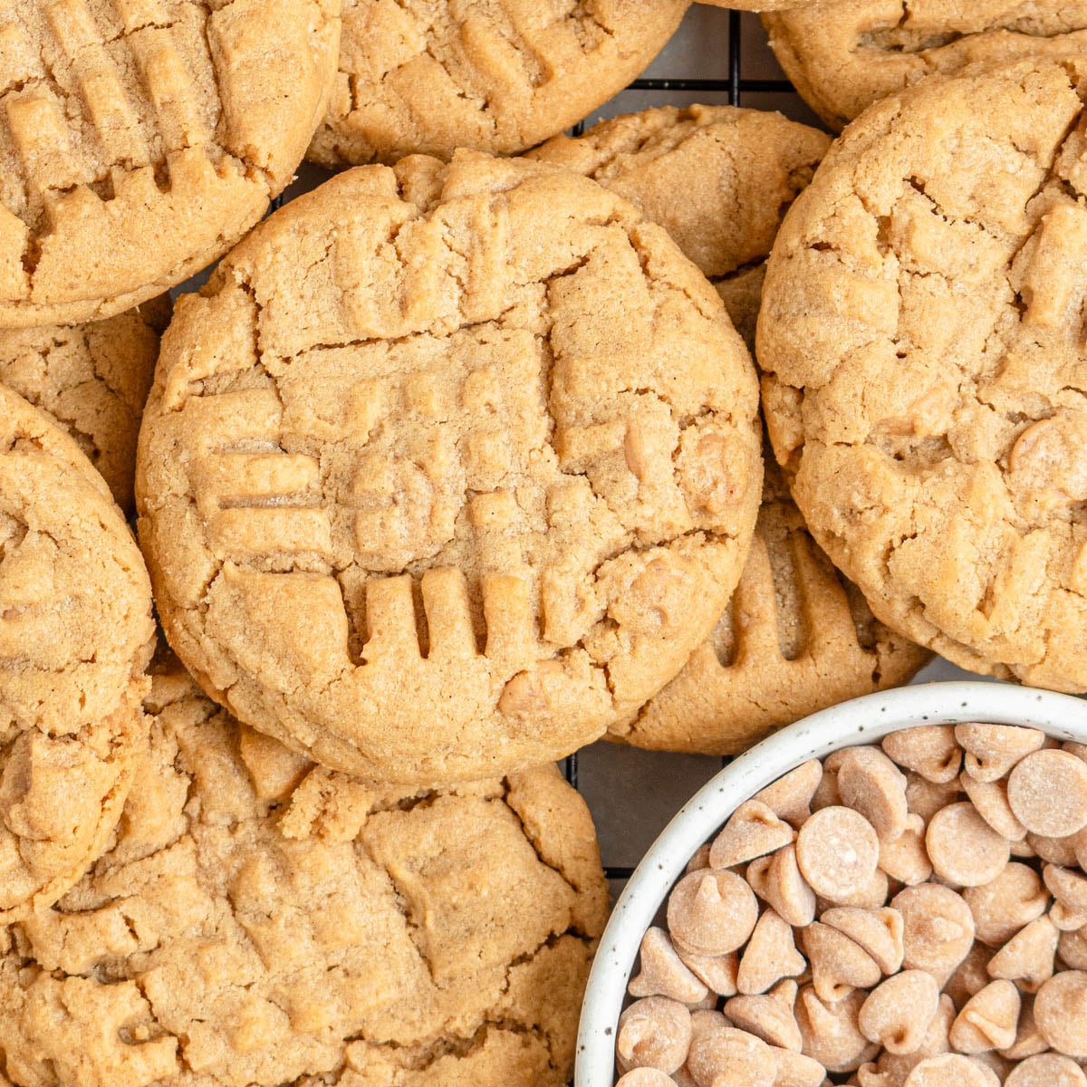 close up of peanut butter cookies with a small bowl of peanut butter chips in the bottom right corner.