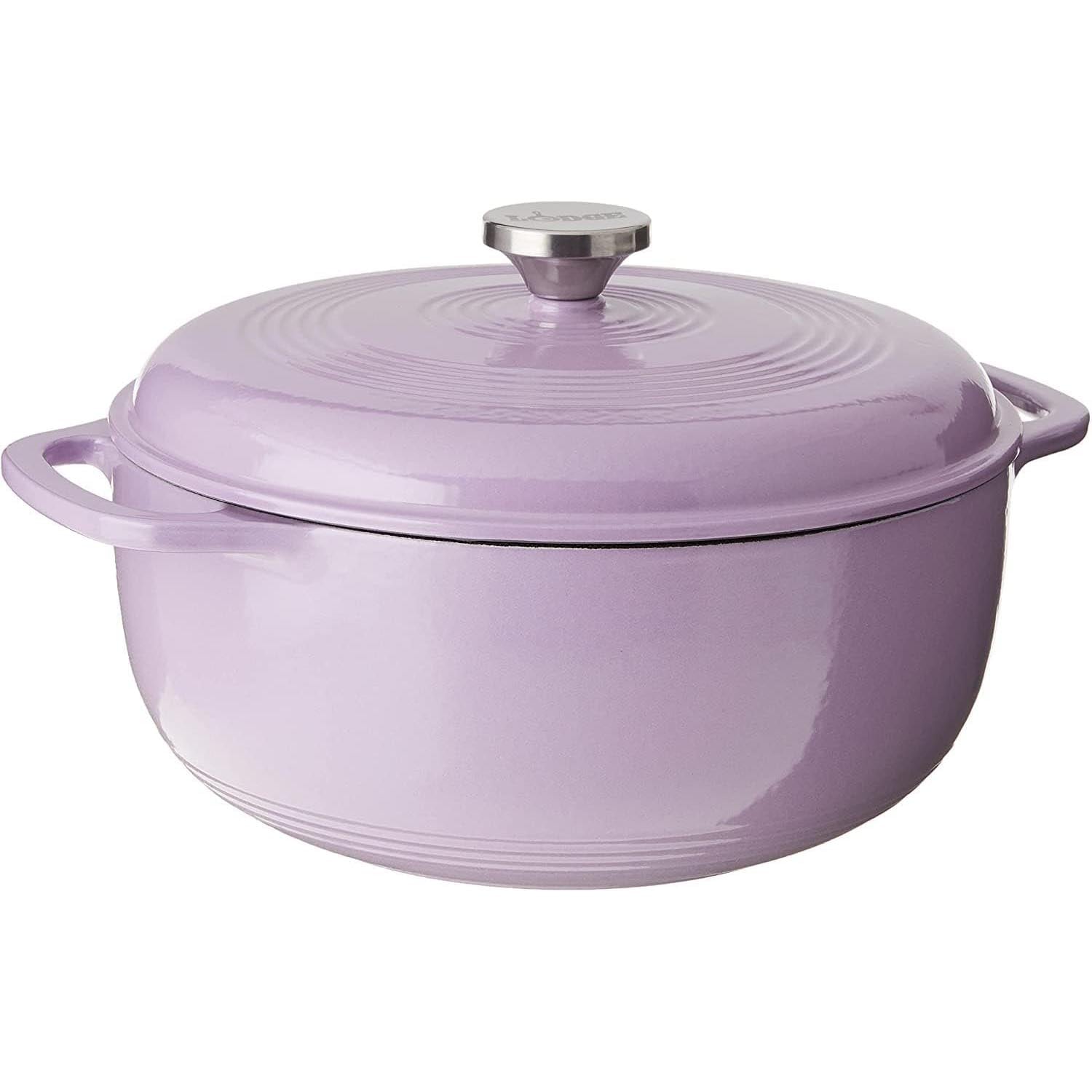 A round, light purple enameled cast iron Dutch oven with a matching lid and silver knob, featuring two side handles and a smooth, glossy finish.