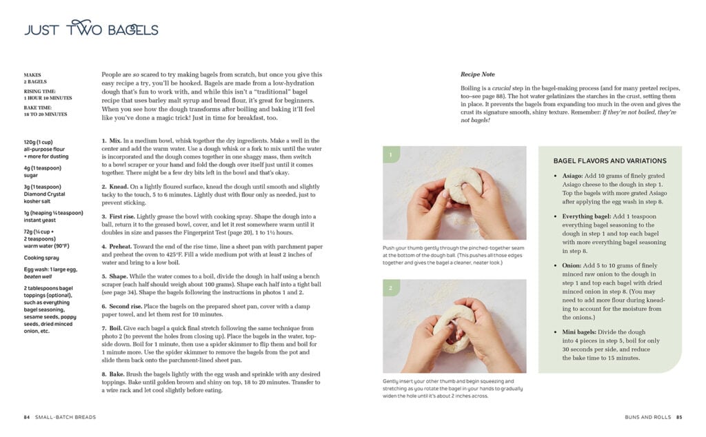 A recipe page for making two bagels from the book Small Batch Bakes. The left side lists ingredients and instructions. The right side has two images of hands shaping dough, a recipe note, and bagel variation ideas.