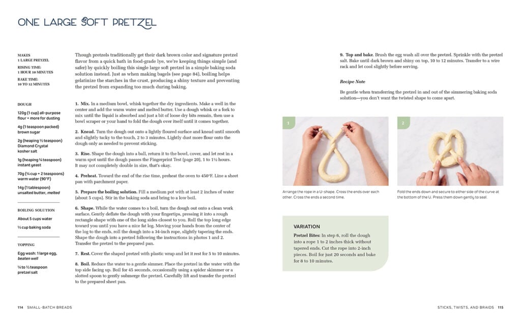 A recipe page for one large soft pretzel, including ingredients, directions, and three instructional photos showing how to shape the dough into a pretzel before baking. The recipe also offers a variation for two smaller pretzels.