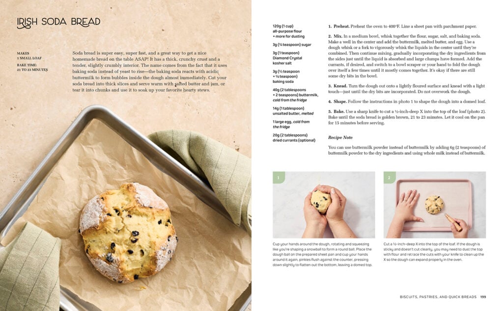 Two pages from a cookbook showing a recipe for Irish Soda Bread. The left page shows a loaf of soda bread on parchment paper, while the right page provides ingredients, instructions, and step-by-step photos for making the bread.