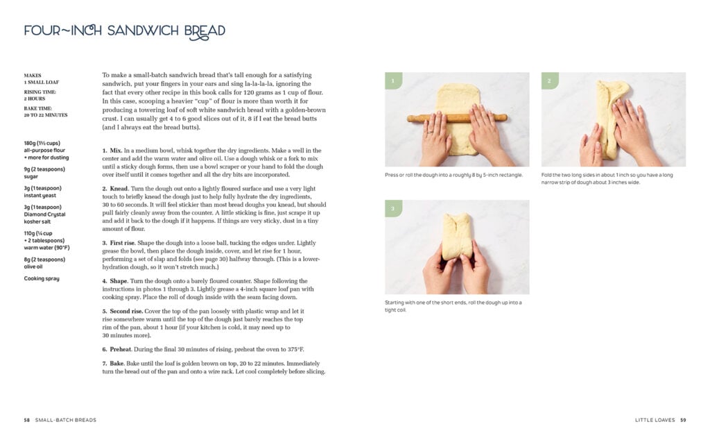 A recipe page for four-inch sandwich bread with ingredients and instructions on the left, and four step-by-step photos on the right showing hands preparing and rolling out dough on a floured surface.