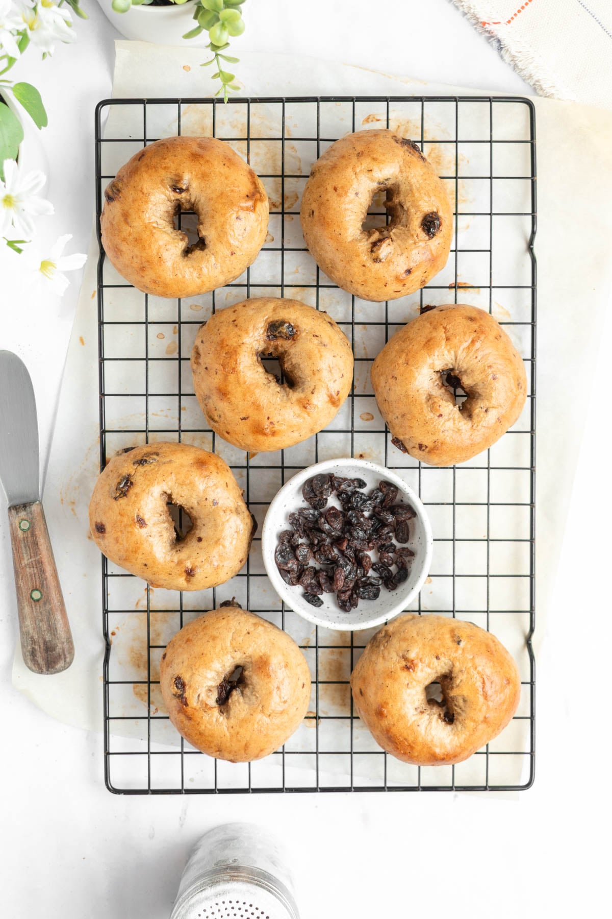 Seven cinnamon raisin bagels are arranged on a cooling rack with a small bowl of raisins in the center, while everything bagels sit nearby. A butter knife with a wooden handle is to the left, and there are flowers and a napkin in the background.