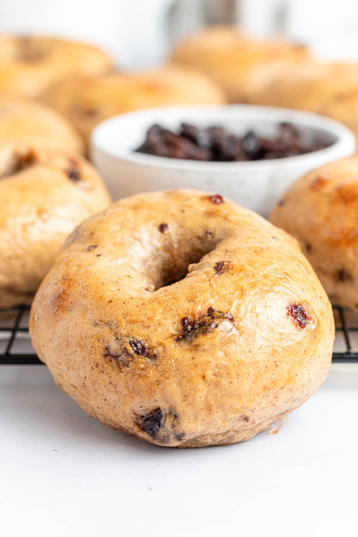 A close-up of a cinnamon raisin bagel on a cooling rack, with everything bagels and a bowl of raisins in the background.