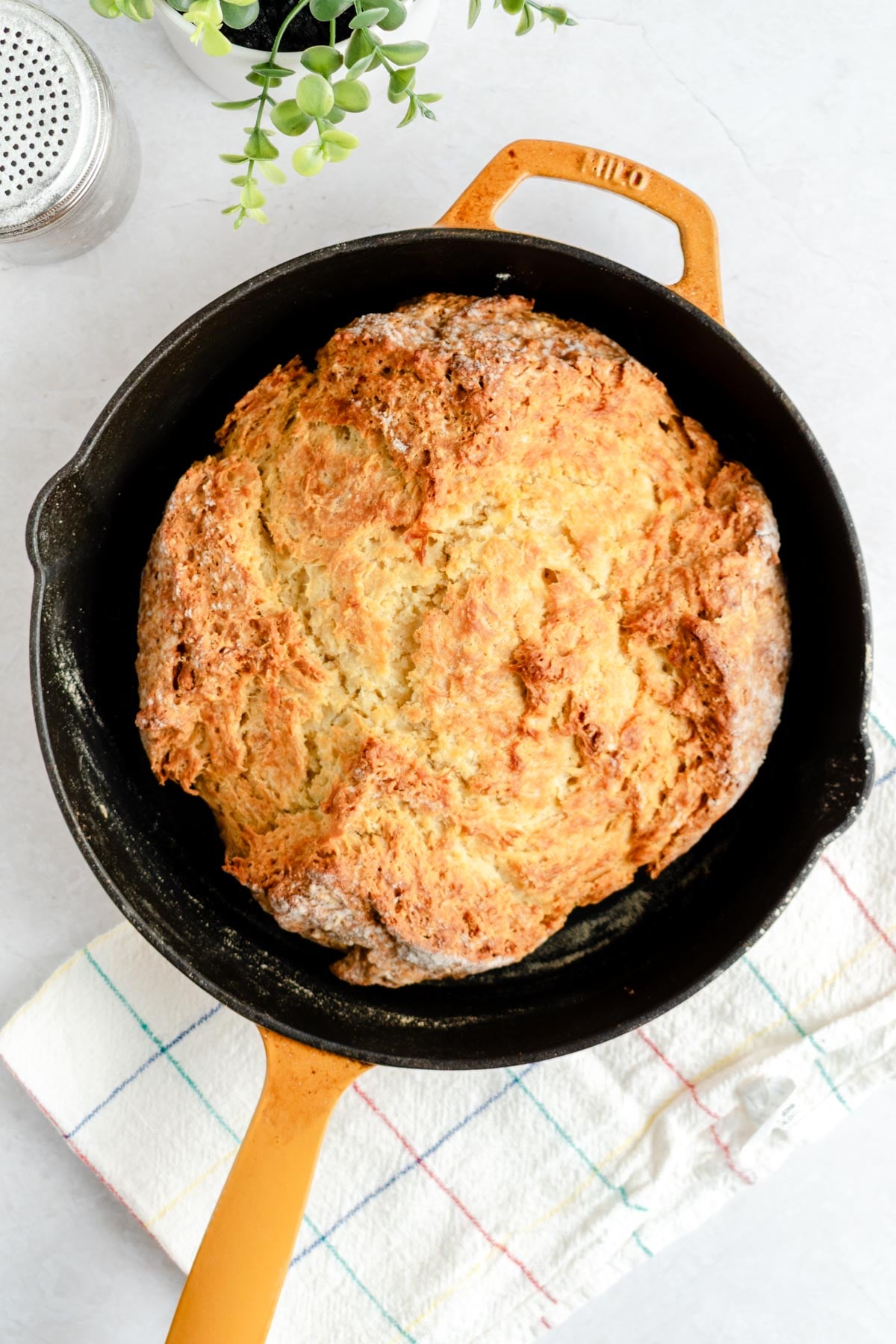 A round loaf of soda bread with a golden crust sits in a black cast iron skillet with a yellow handle, placed on a white and colored checkered towel. A plant and a shaker are nearby on a light countertop.